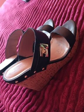 Tommy Hilfiger Black Cork Wedge Sandals with Gold Accent Hardware